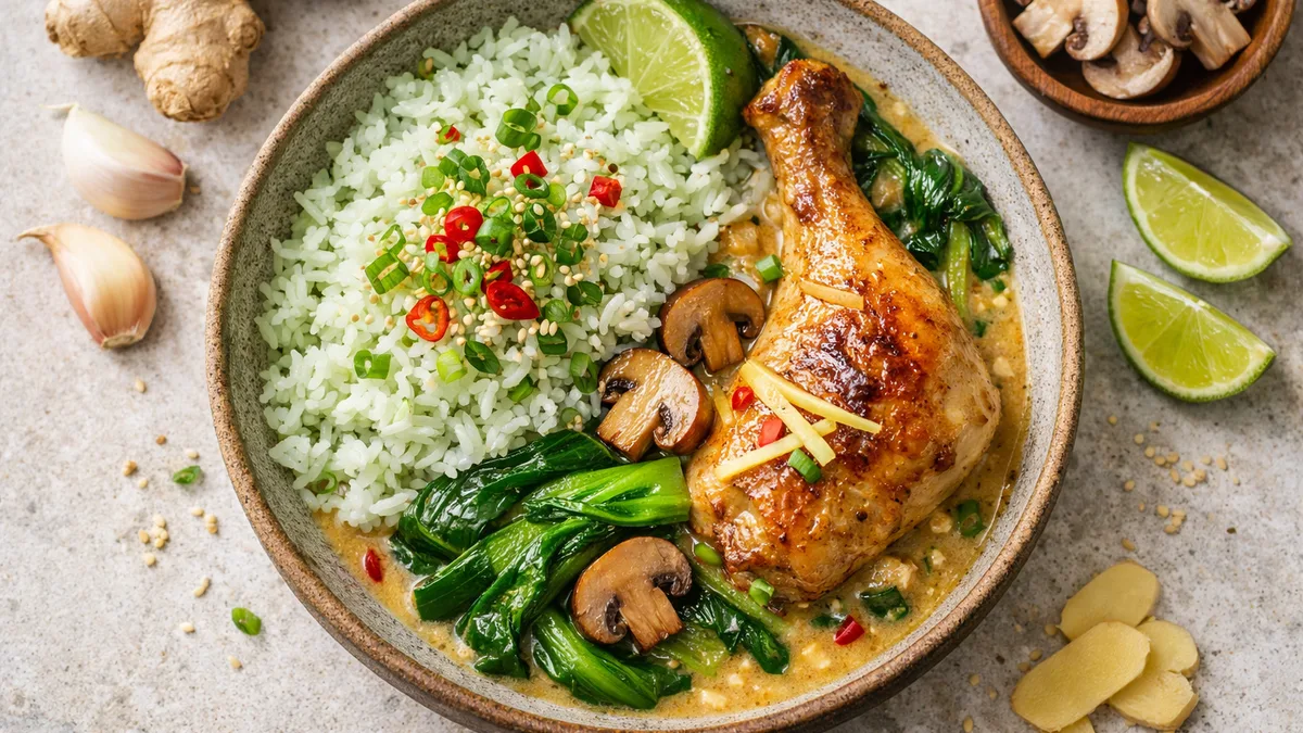 Cuisse de poulet, sauce à la noix de coco et pak-choï