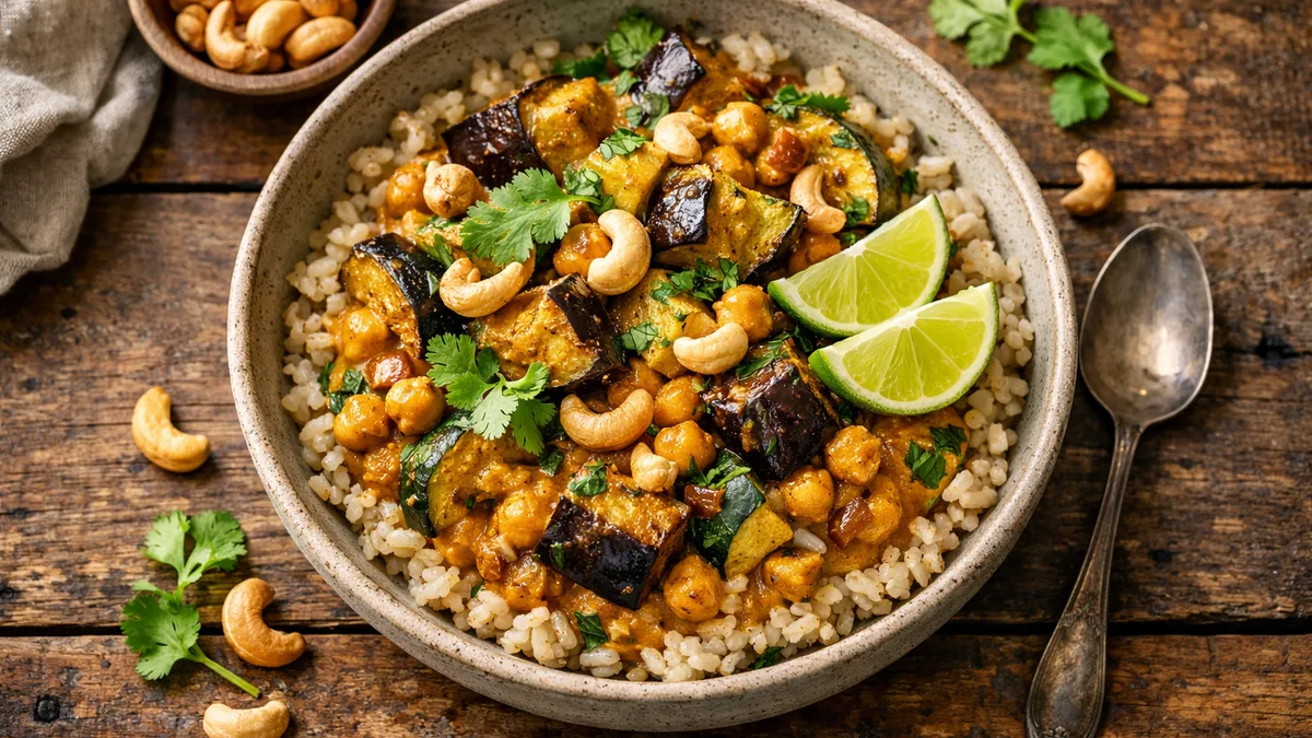 Curry d'aubergine rôtie & pois chiches