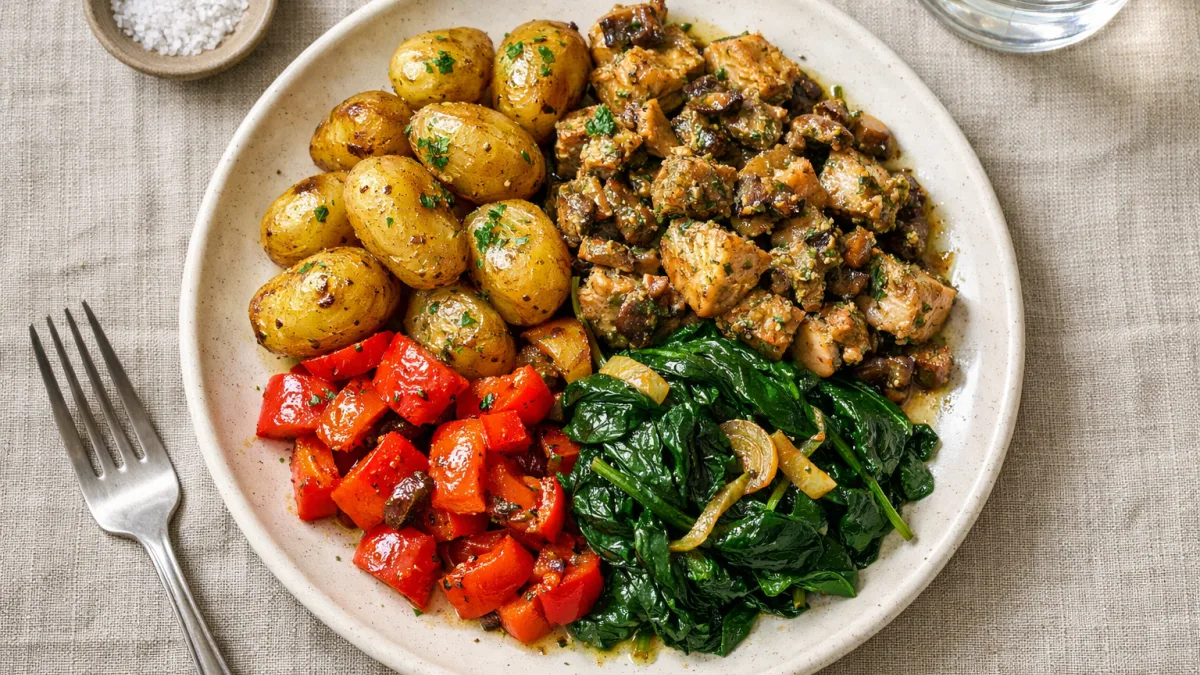 Dés de cuisse de poulet et pesto aux champignons des bois