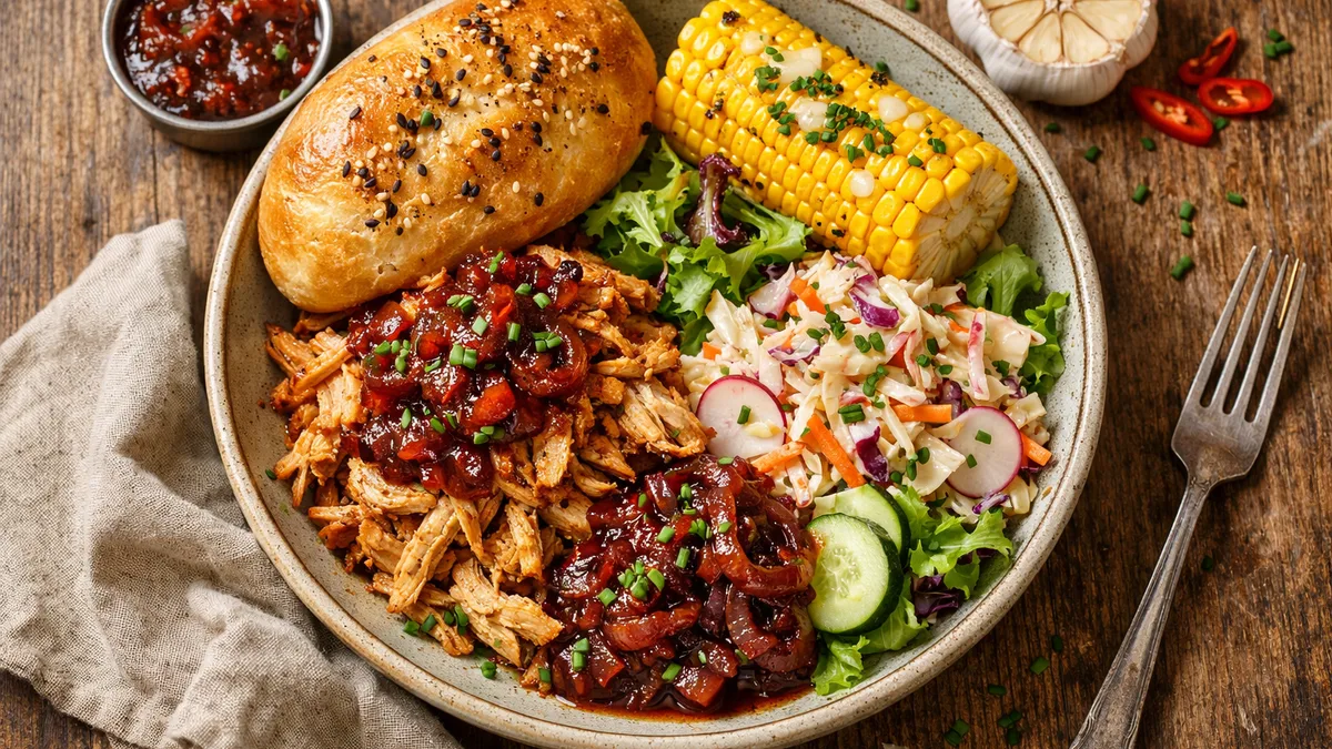 Effiloché de poulet avec coleslaw et épi de maïs