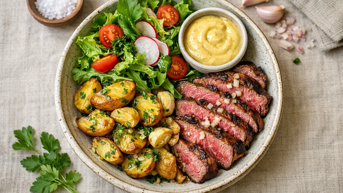 Entrecôte & pommes de terre rôties à l'ail et au persil