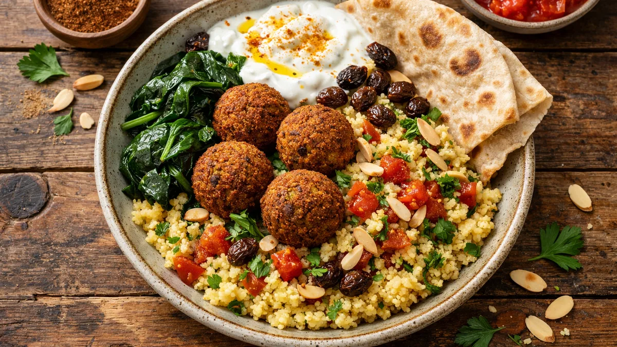Falafels, semoule au baharat & épinards