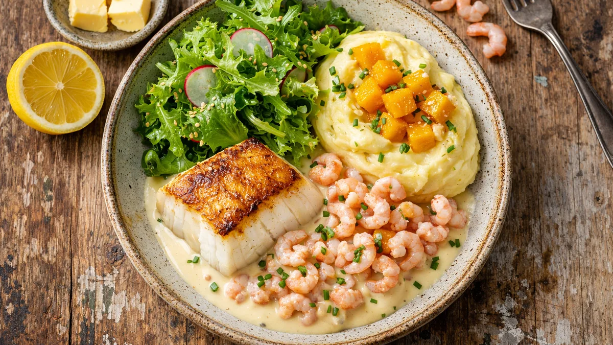 Filet de skrei, crevettes grises et sauce à la crème