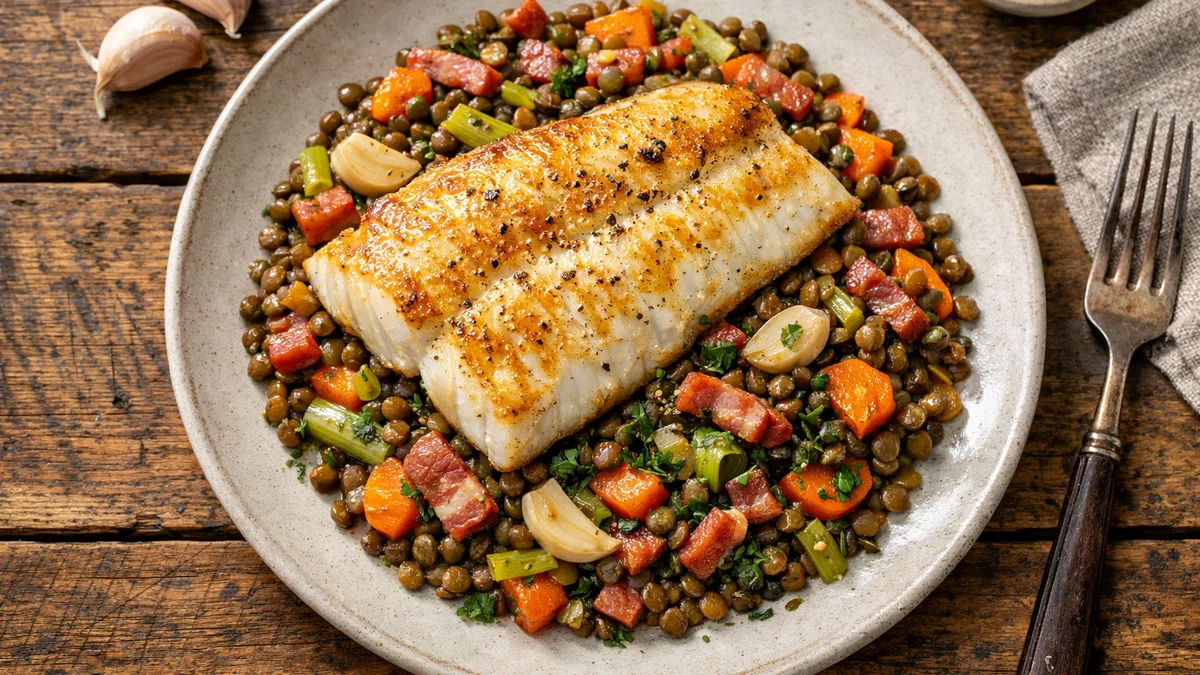 Filet d'églefin et lentilles cuisinées