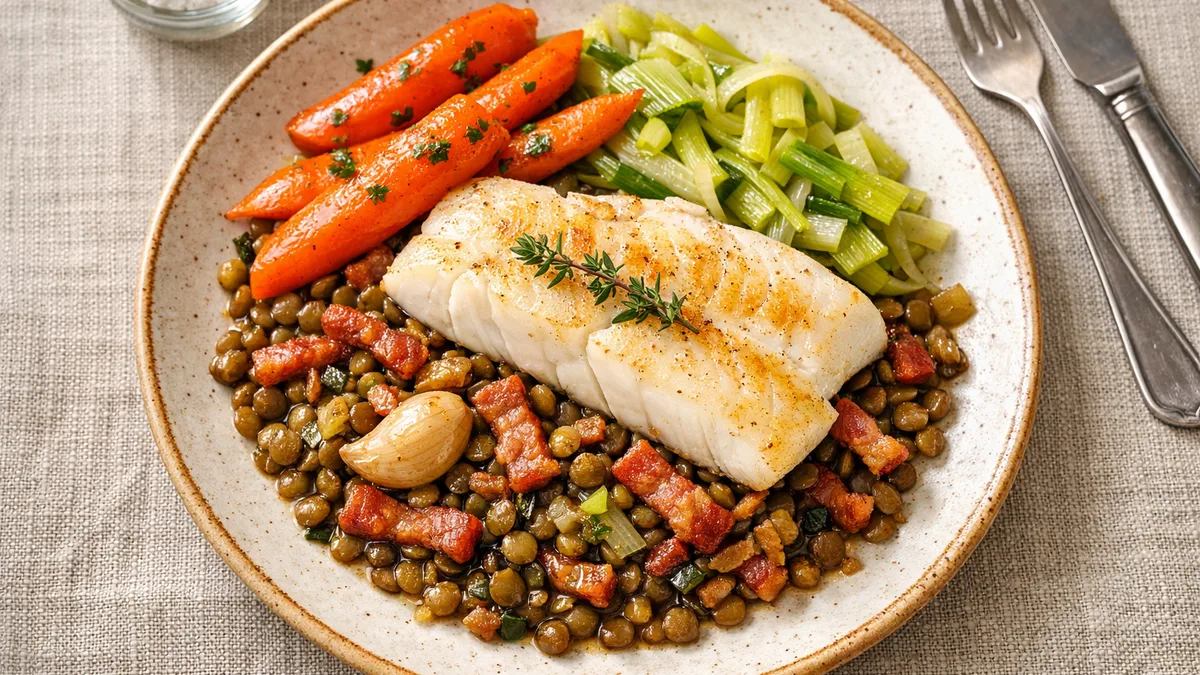 Filet d'églefin aux lentilles et lardons