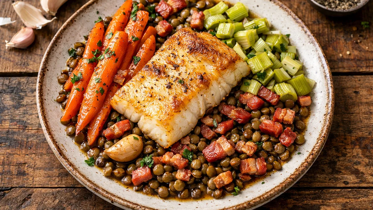 Filet d'églefin aux lentilles et lardons
