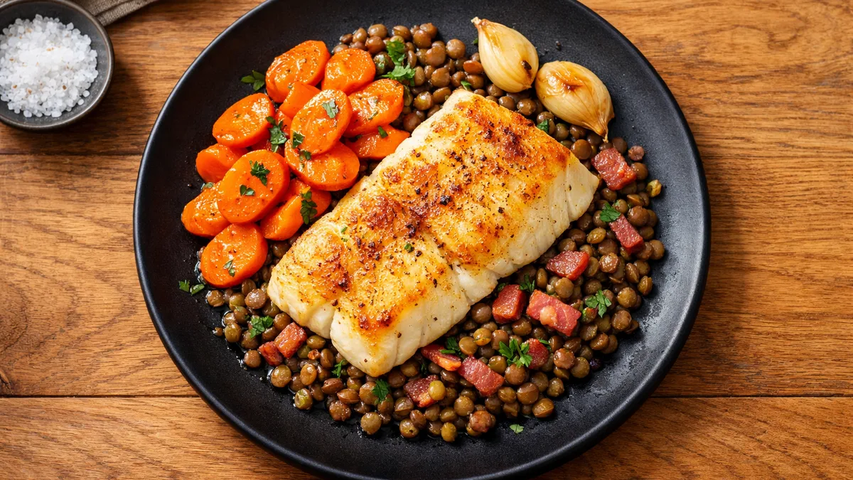 Filet d'églefin aux lentilles et lardons