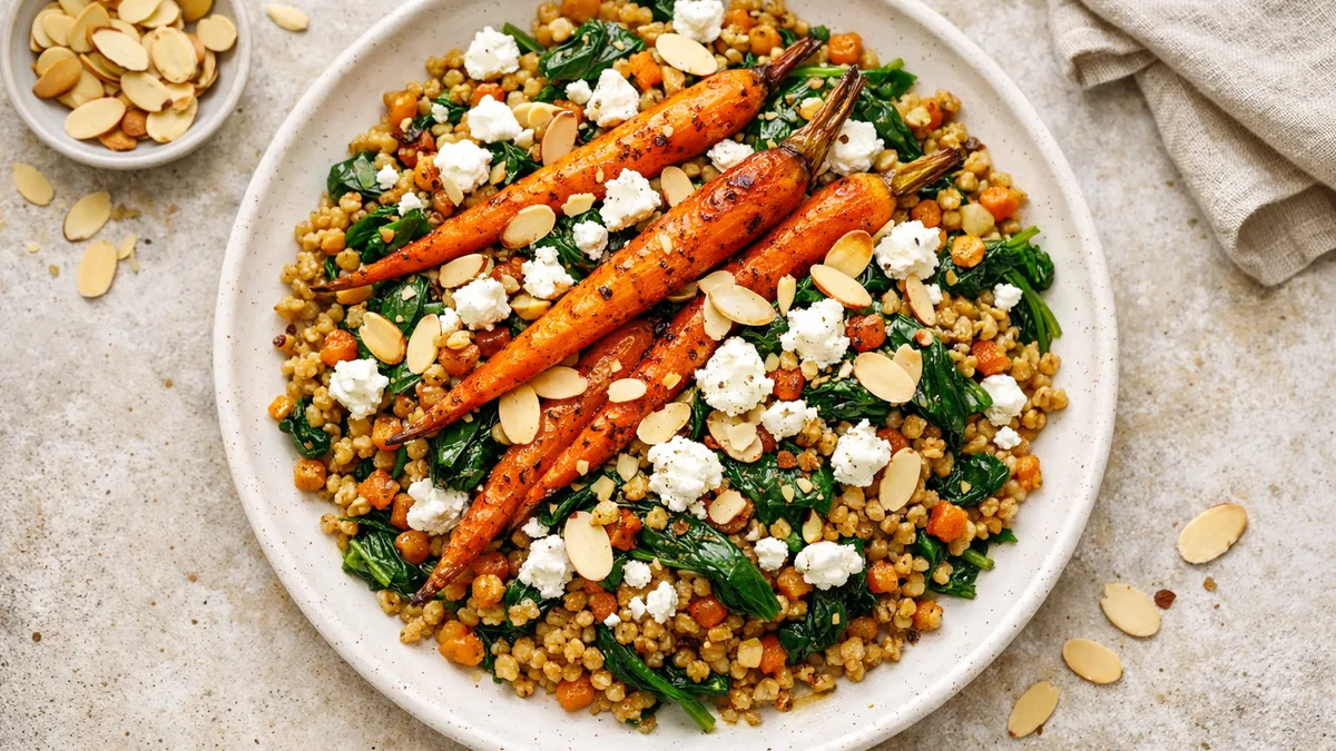 Freekeh épicé à l'orientale, carottes & épinards
