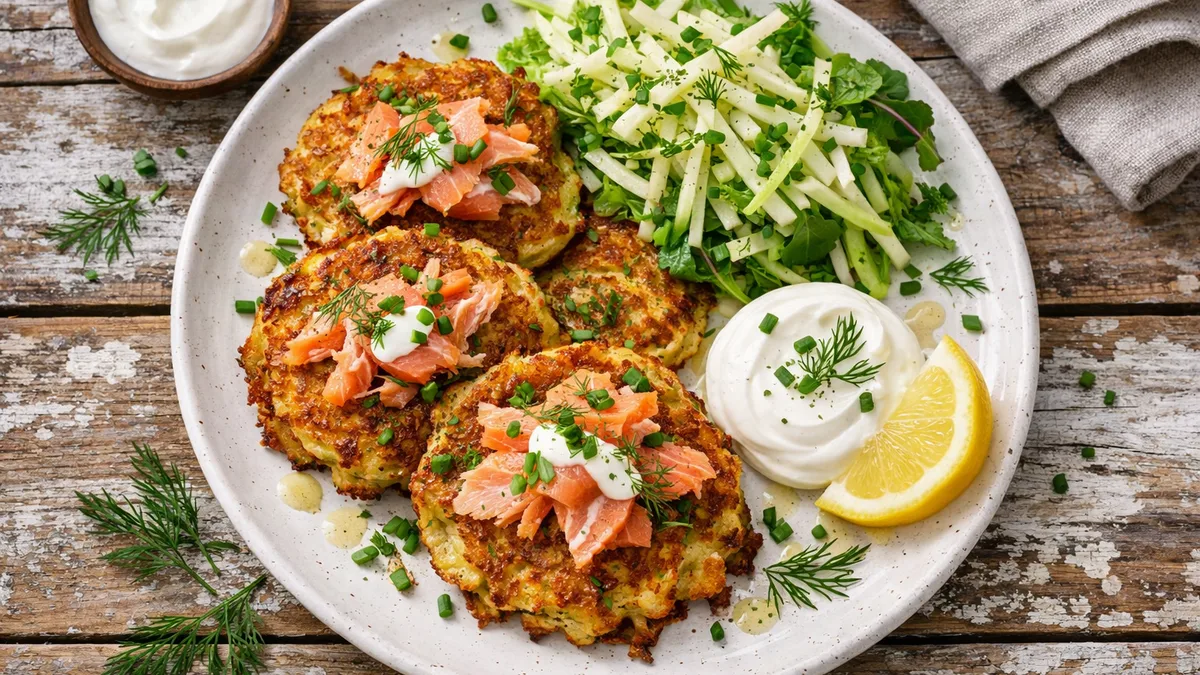 Galettes de pommes de terre et saumon fumé à chaud