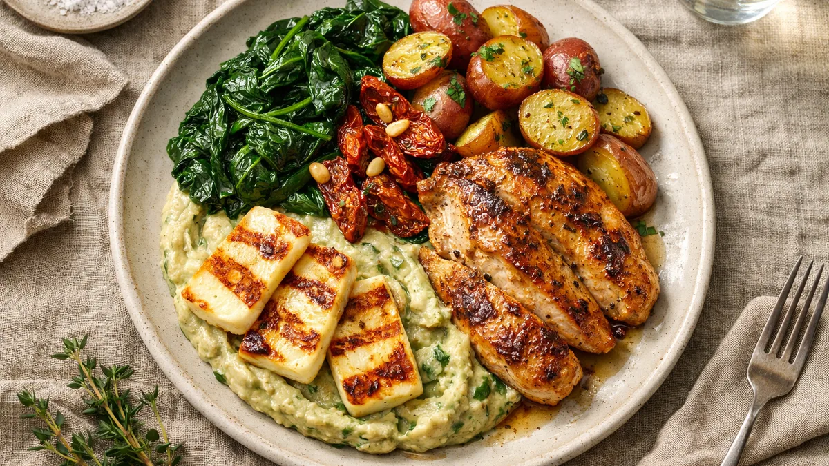 Halloumi et purée aux topinambours et aux épinards