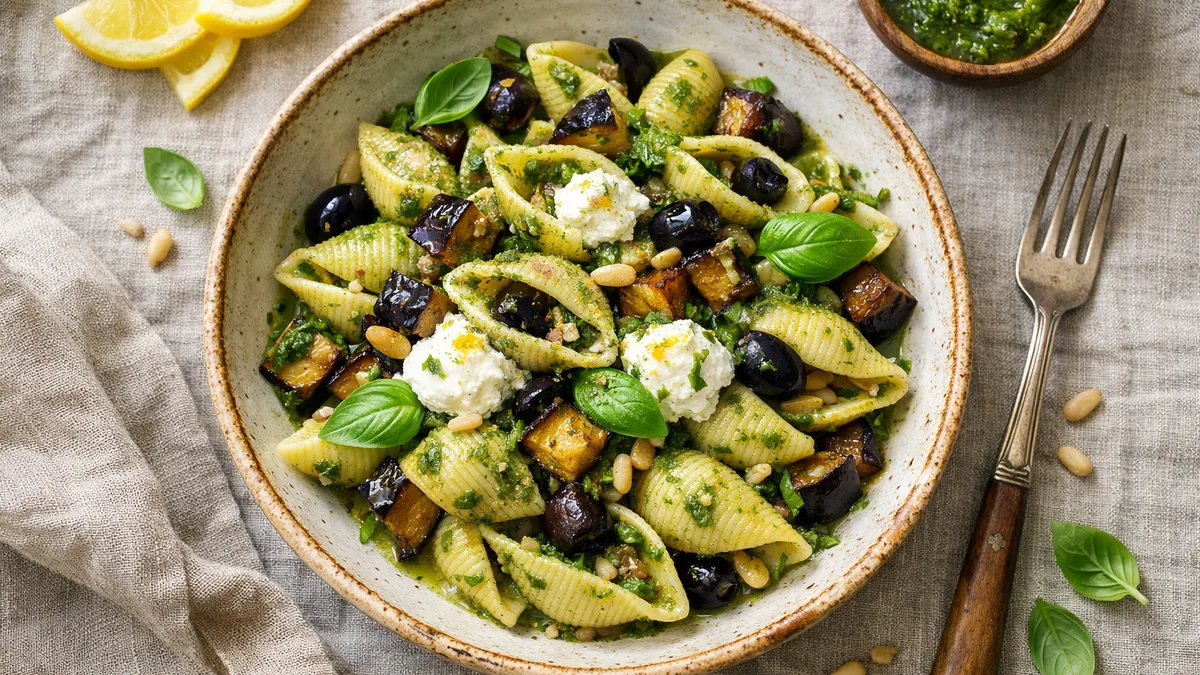 Insalata de conchiglie, aubergine & ricotta