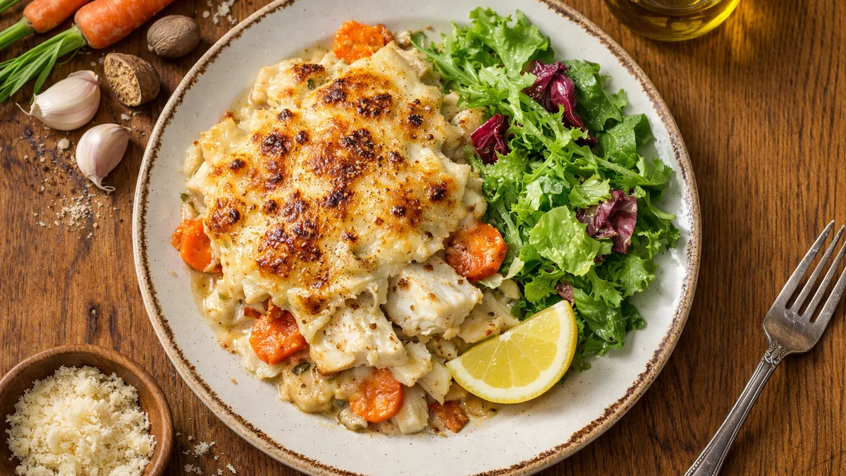 Lieu & légumes d'hiver gratinés au parmesan