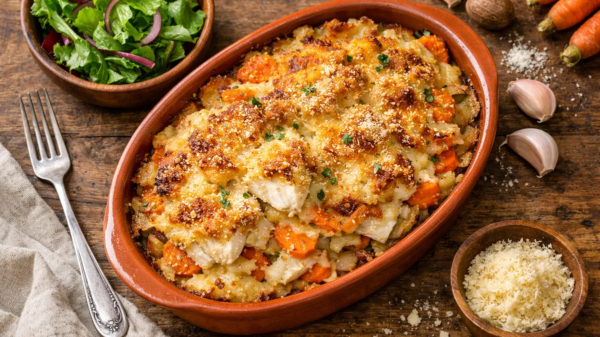 Lieu & légumes d'hiver gratinés au parmesan