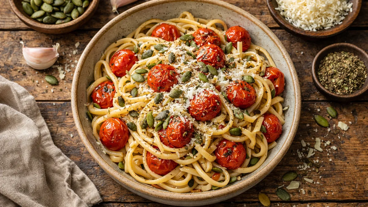 Linguine et tomates cerises au four