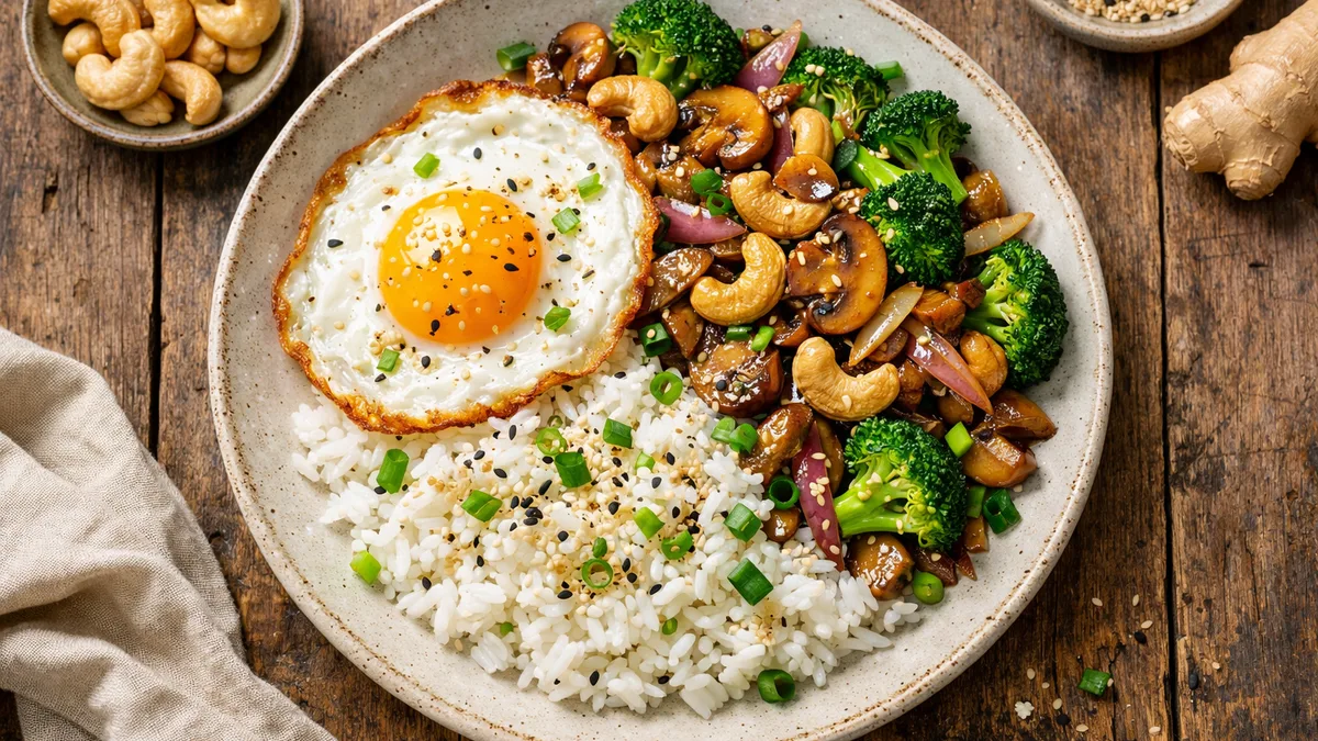 Légumes à la sauce soja sucrée et œuf au plat