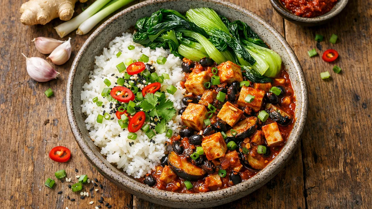 Mapo tofu végétarien au portobello & haricots noirs