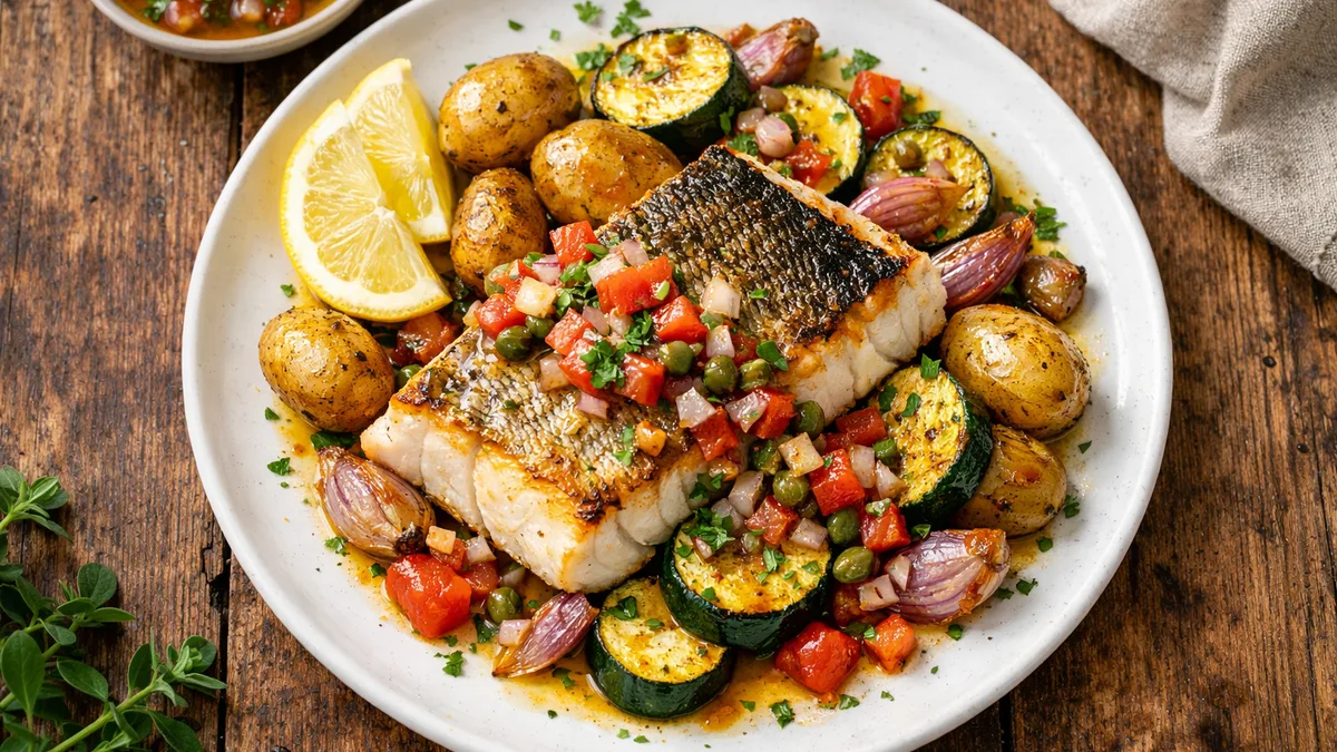 Merlu sauce vierge & légumes rôtis