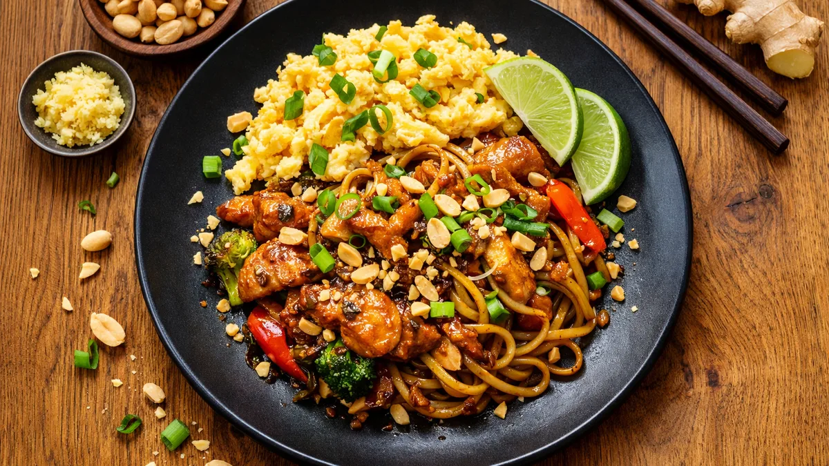 Nouilles à l'asiatique, œufs brouillés et cacahuètes