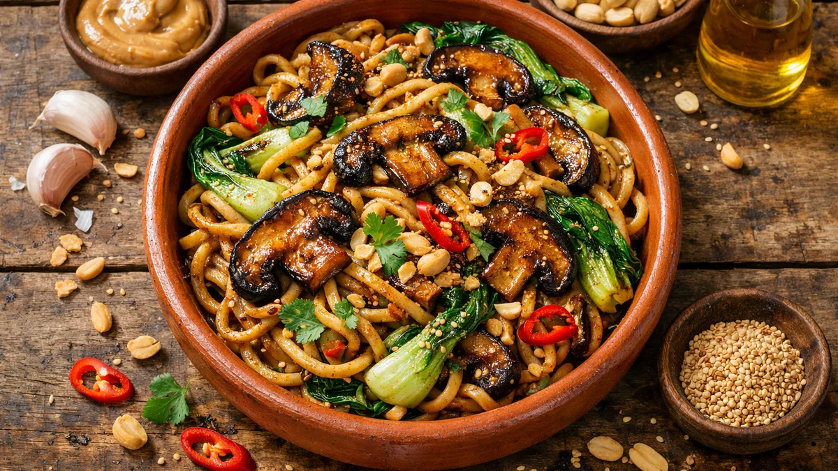 Nouilles sautées portobello & sauce cacahuètes