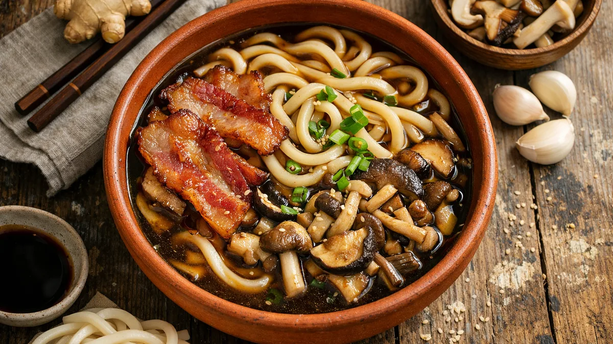 Nouilles udon au lard et champignons