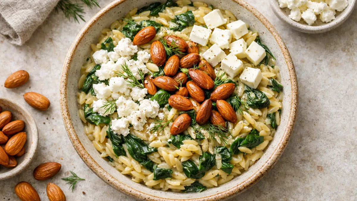 One pot orzo, épinards & duo de fromages frais