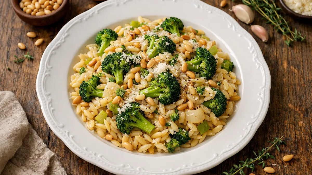 Orzo au brocoli, pecorino et pignons de pin