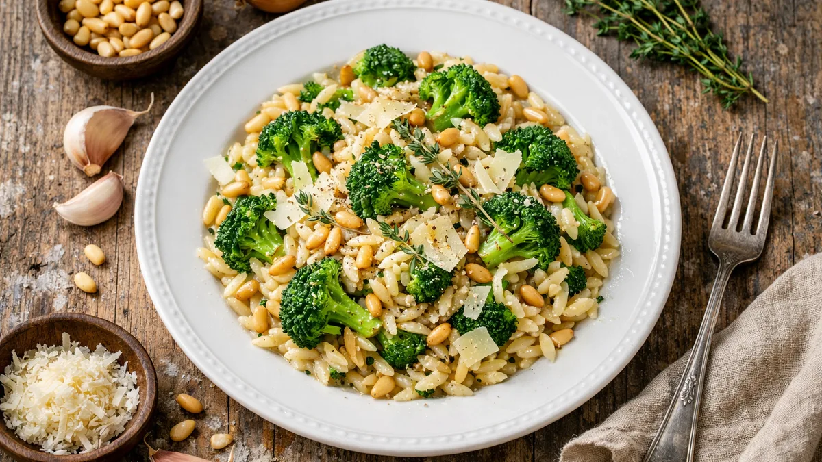 Orzo aux brocolis, pecorino et pignons de pin
