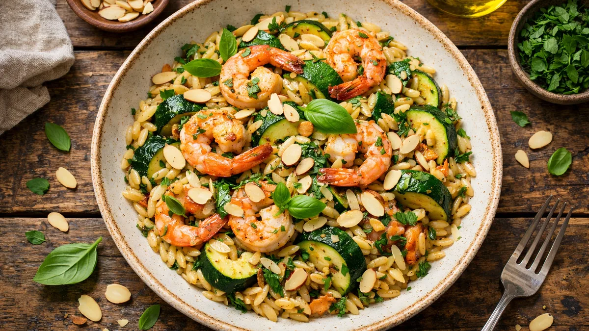 Orzo aux crevettes à l'ail et aux courgettes