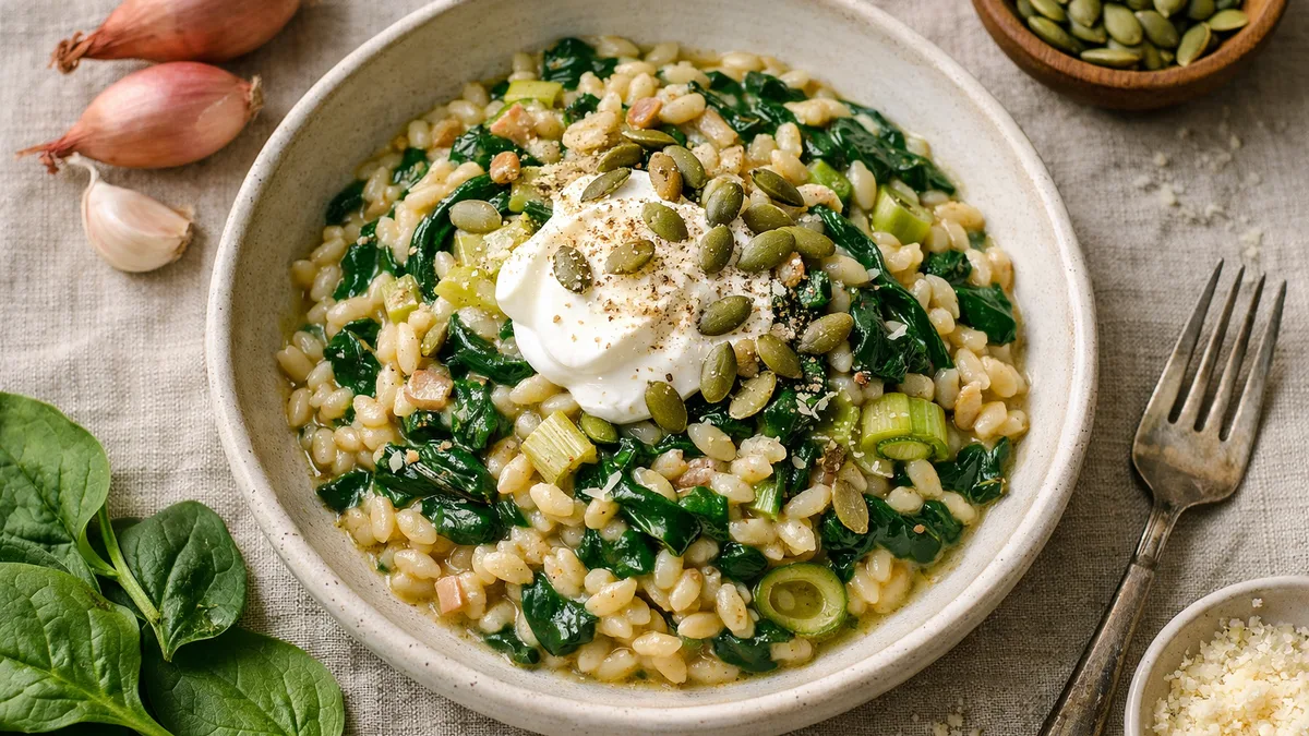 Orzotto épinards, poireau & parmesan