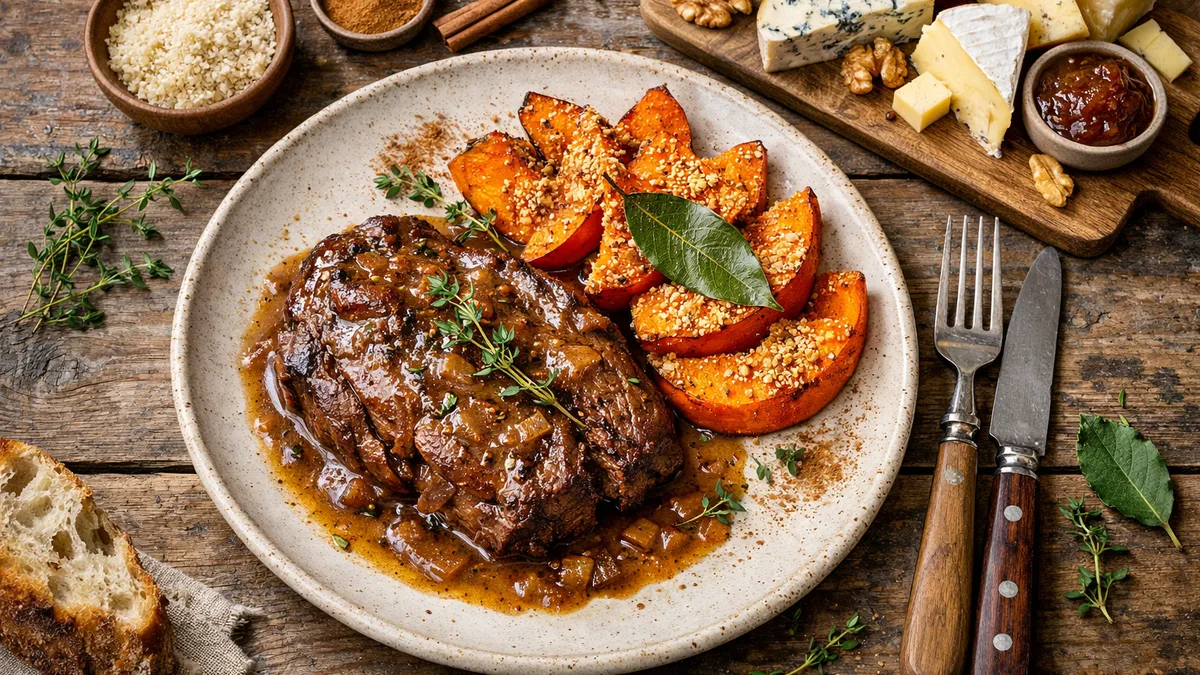 Paleron de veau et sauce au thym avec des quartiers de courge croquants