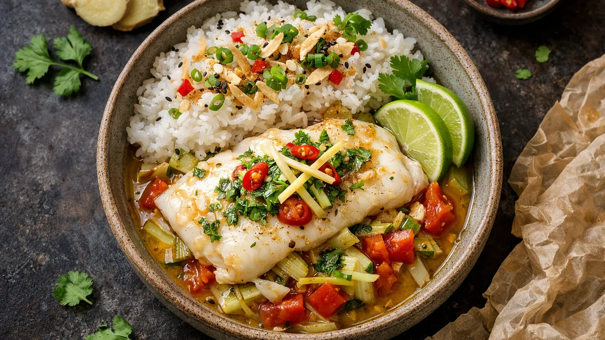 Papillote de poisson à l’orientale au poireau et à la tomate