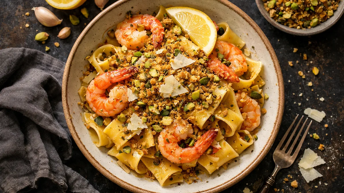 Pappardelle aux crevettes & pangrattato