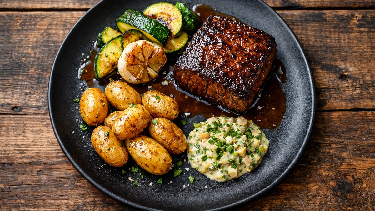 Pavé de bœuf, courgettes & jus de viande
