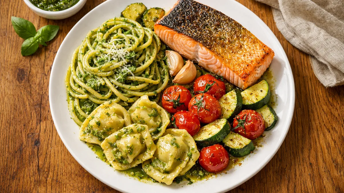Pavé de saumon poêlé et spaghetti au pesto alla genovese
