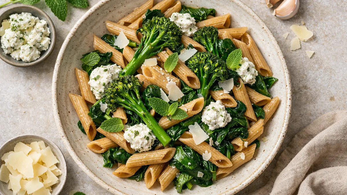 Penne complètes, broccolini & épinards