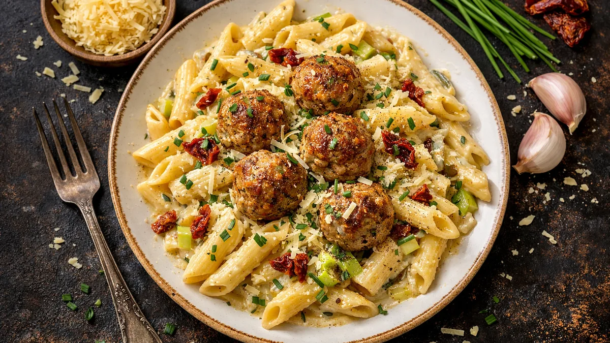 Penne au poulet à la crème et au poireau