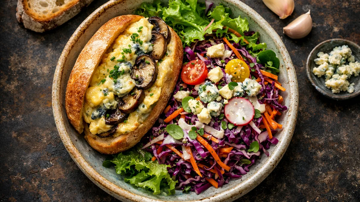 Petit pain à l'omelette au bleu et au portobello