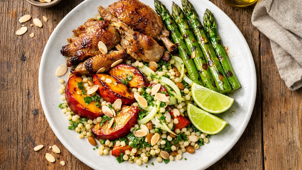 Pintade et pointes d'asperge grillées