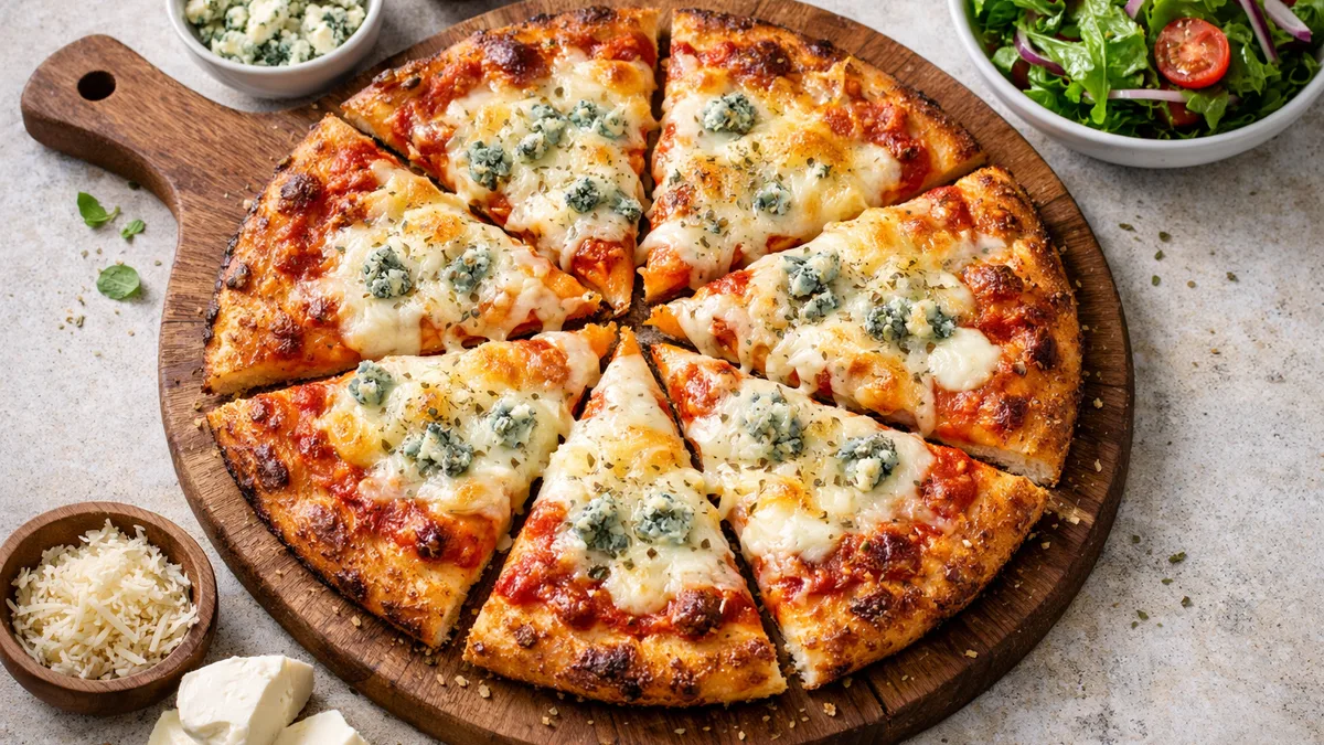 Pizza 3 fromages : mozza, bleu & râpé