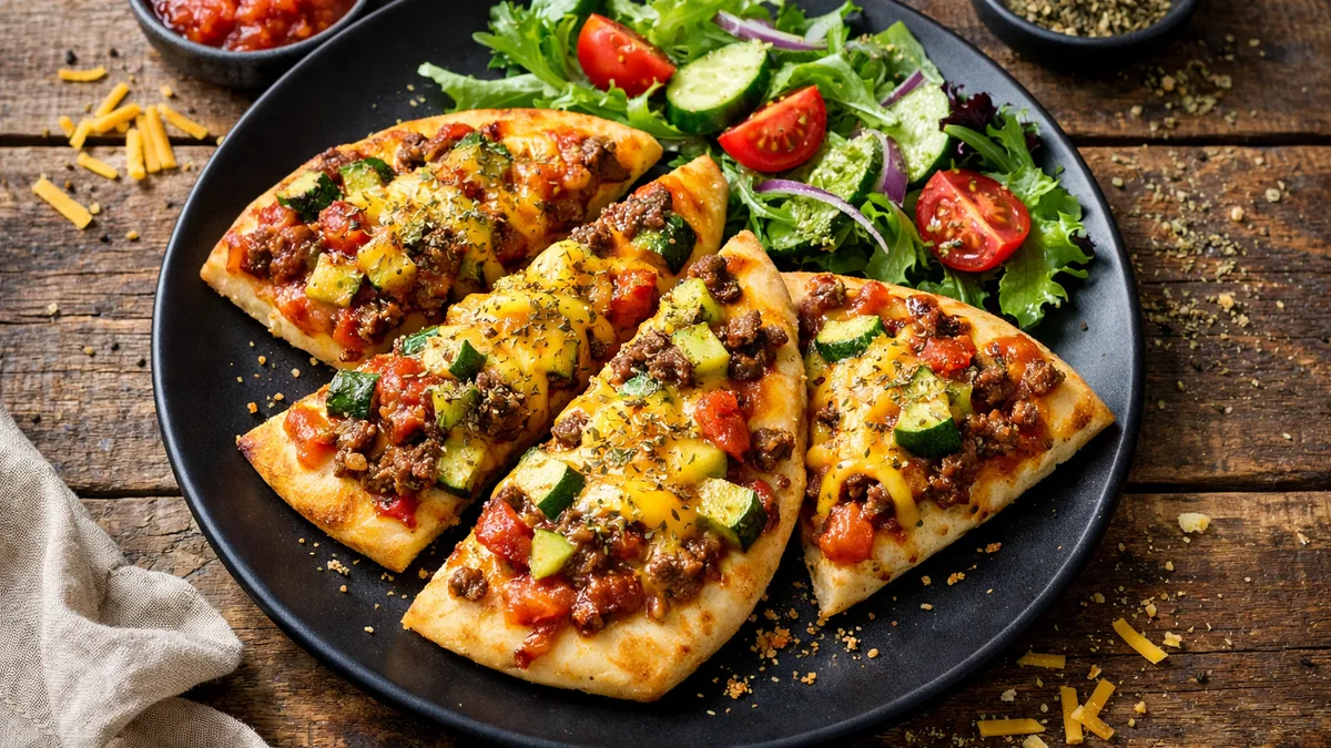 Pizza naan au bœuf, courgette & cheddar