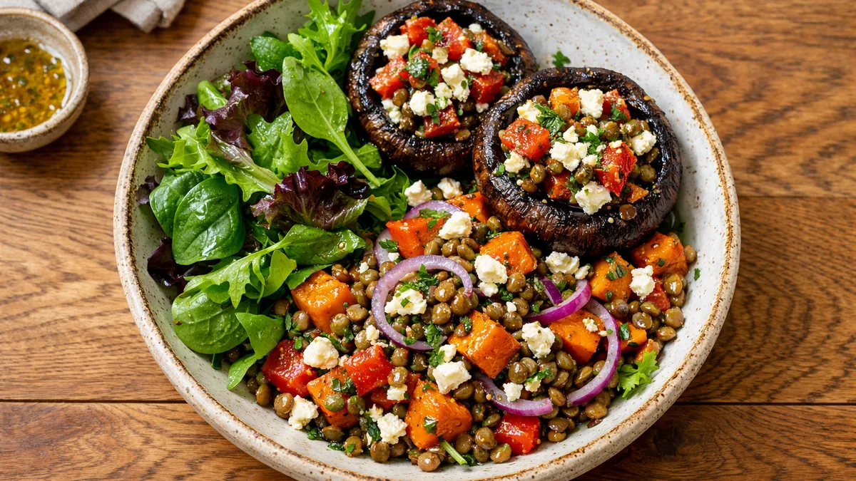 Portobellos farcis, salade de patates douces et de lentilles