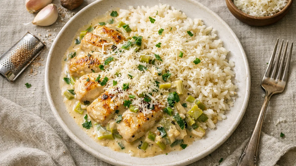 Poulet à la crème, poireaux & muscade