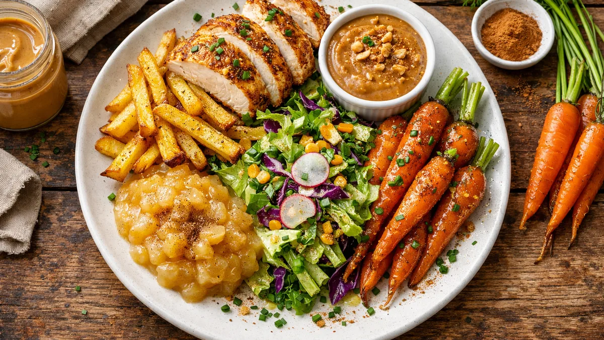 Poulet, frites au four et compote de pomme