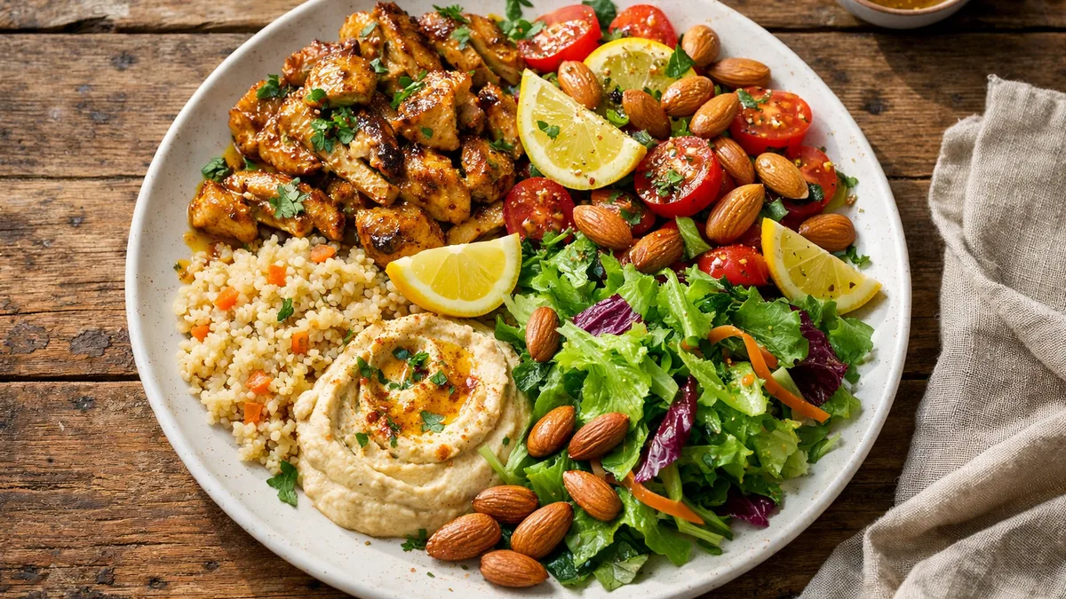 Poulet à l'orientale, boulgour & houmous