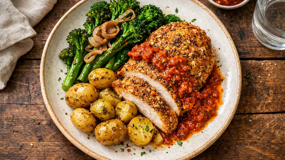 Poulet pané aux graines & pesto rosso