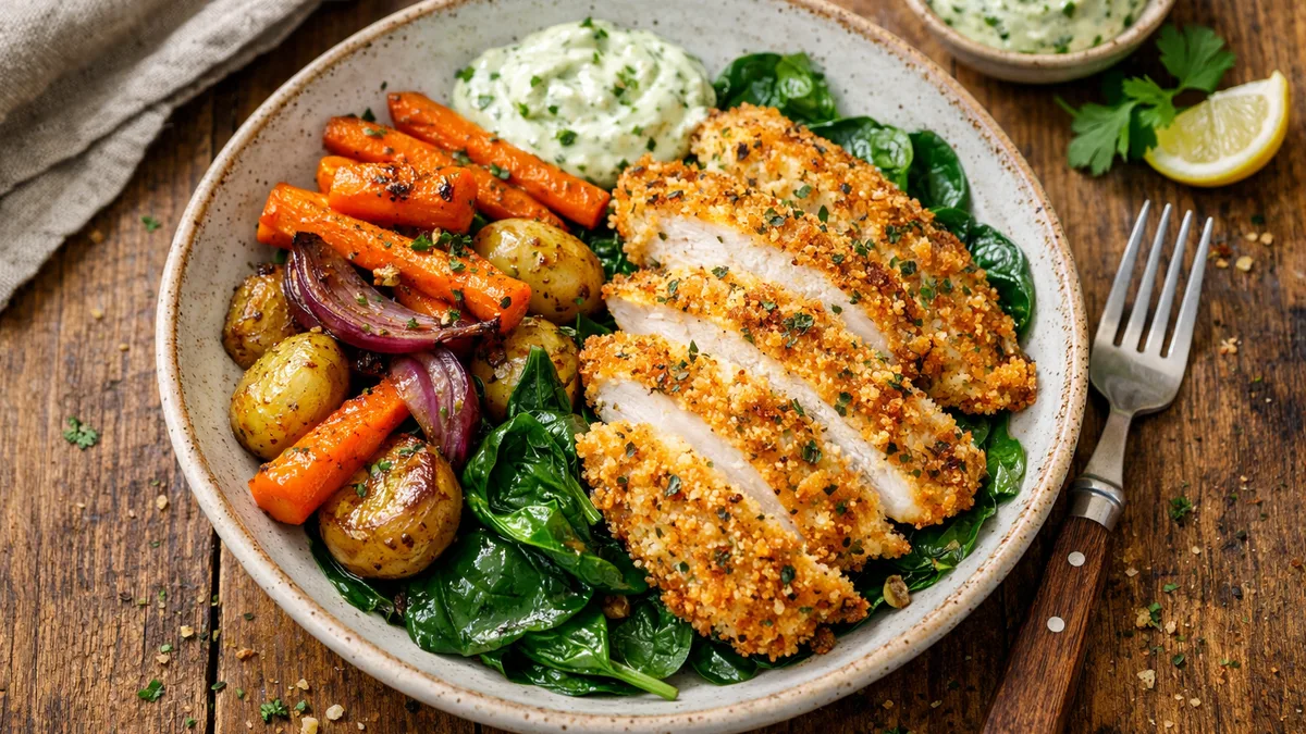 Poulet pané à l'origan & légumes rôtis