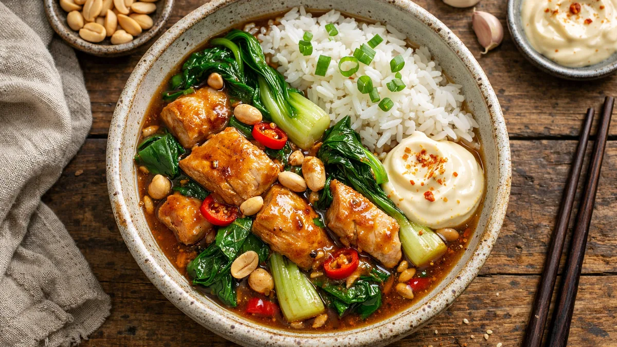 Poêlée de poulet, pak choï & sauce chili sucrée