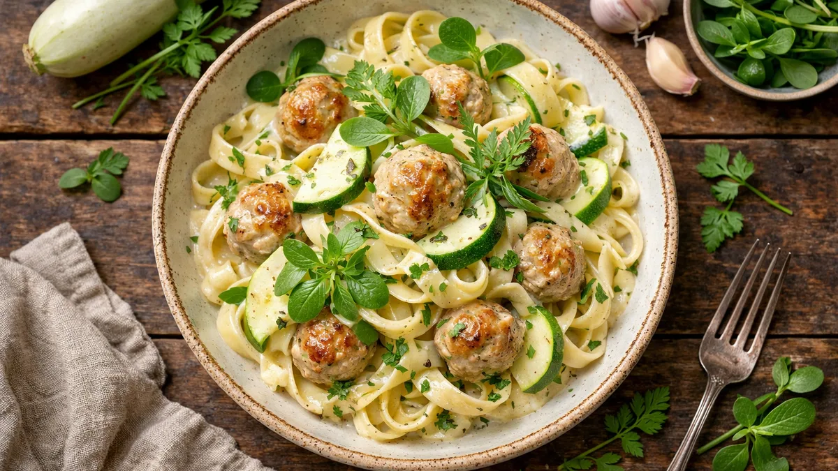 Pâtes à la crème et boulettes de poulet haché