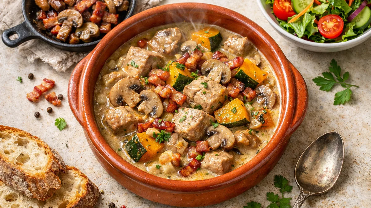 Ragoût de veau & champignons aux lardons