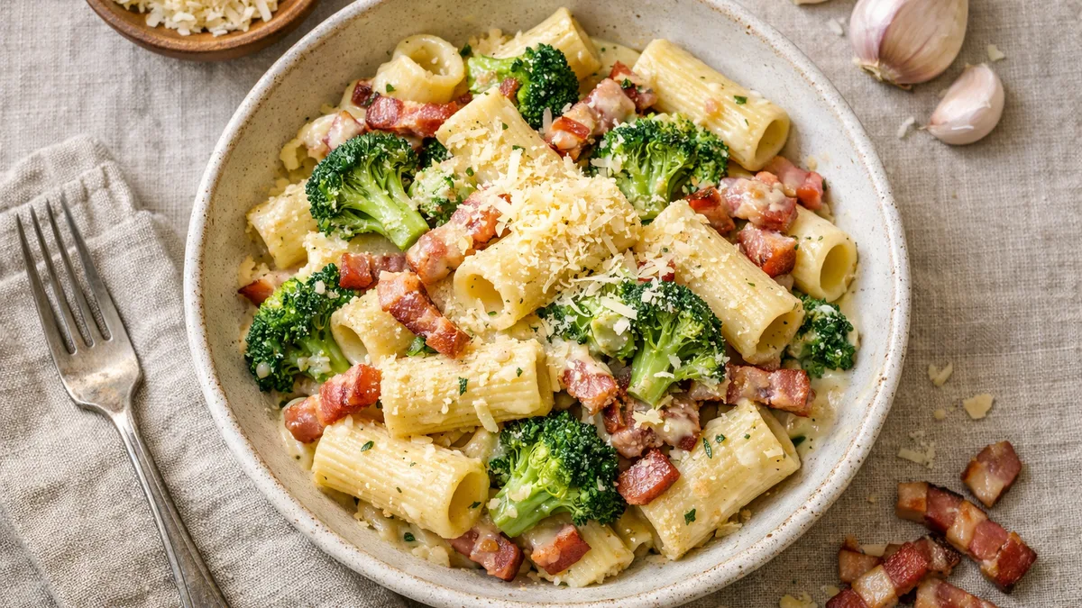 Rigatoni aux brocolis et lardons